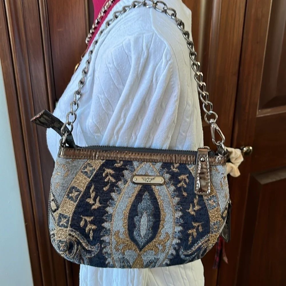 Sharif  Tapestry Satchel  navy/gold expanding bottom   velvety    gunmetal  NWOT